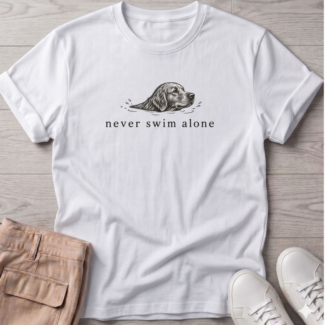 Never Swim Alone Golden Dog T-Shirt in White