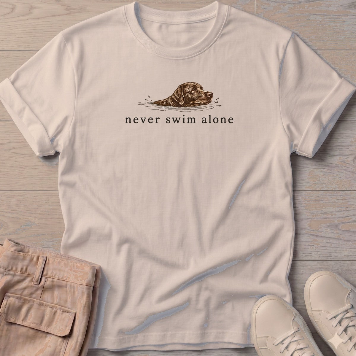 Never Swim Alone Chocolate Lab T-Shirt in Sand, front design flat lay