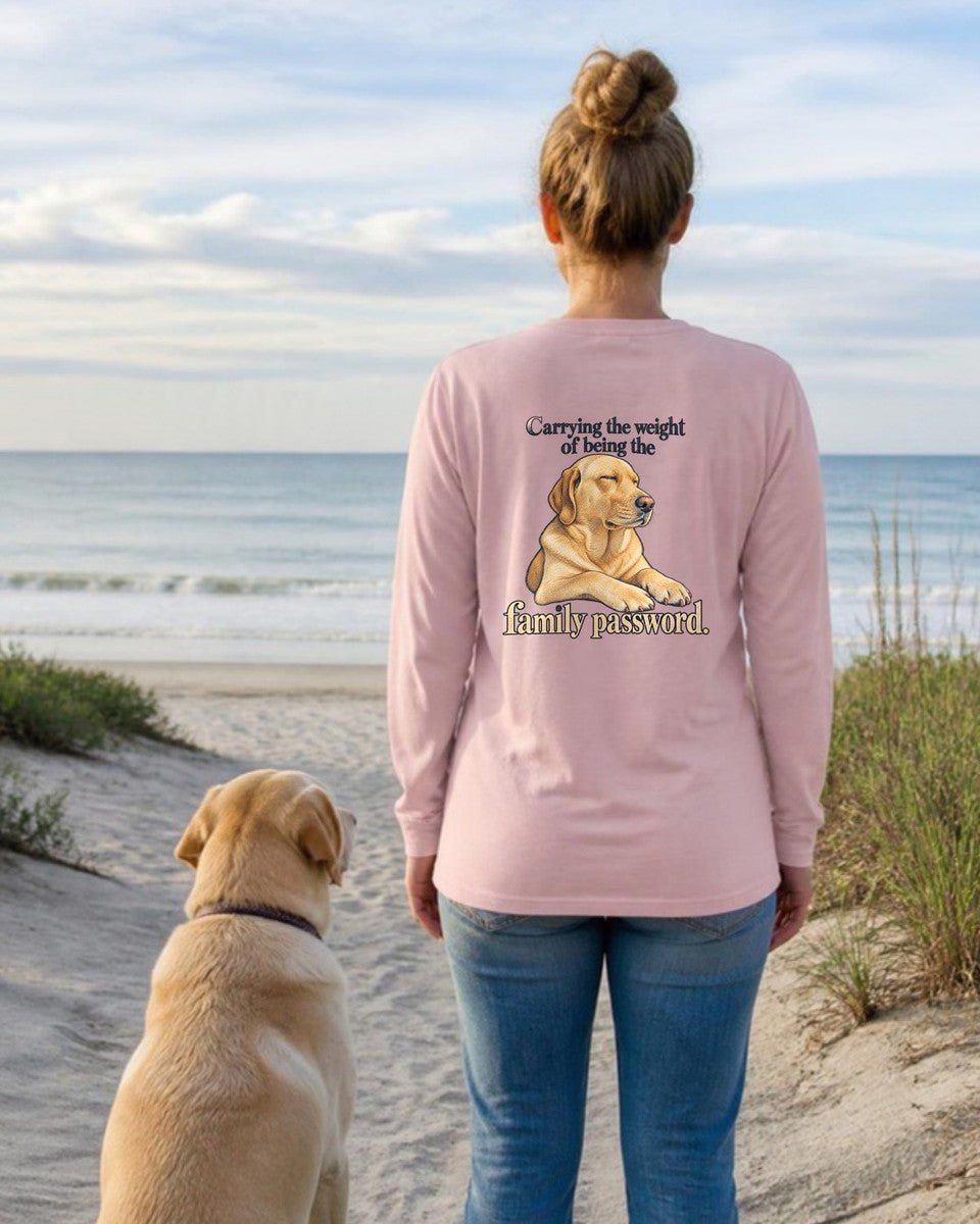 Family Password Labrador Back Design Long Sleeve Tee in Blossom worn by a model, Salty Paws Comfort Colors Long Sleeve Tee