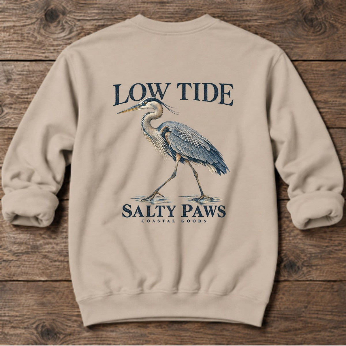 Low Tide Heron Salty Paws Coastal Goods Back Design Midweight Sweatshirt in Sand, Salty Paws Midweight Sweatshirt, back design flat lay