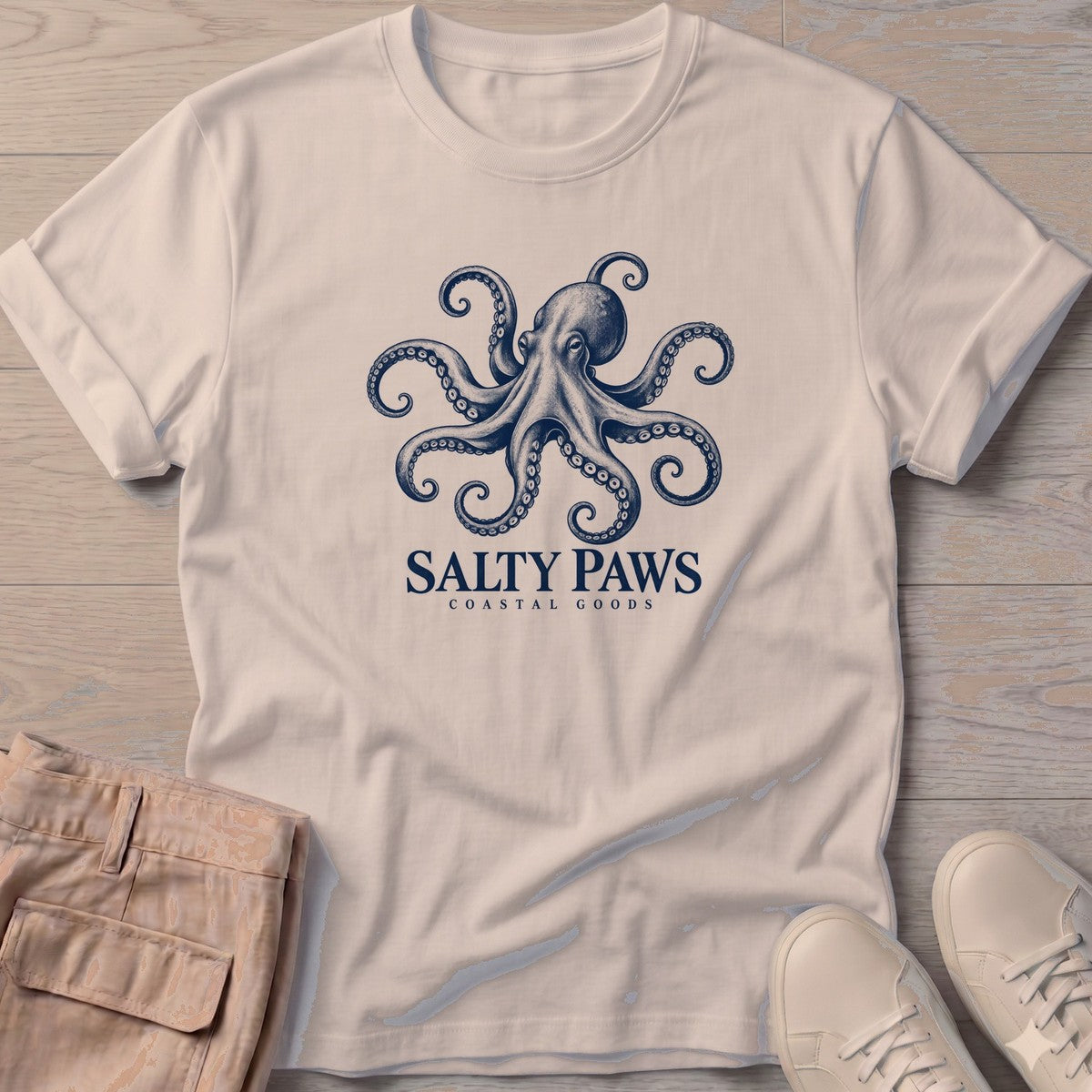 Octopus Coastal Goods T-Shirt in Sand, Salty Paws T-Shirt, front design flat lay