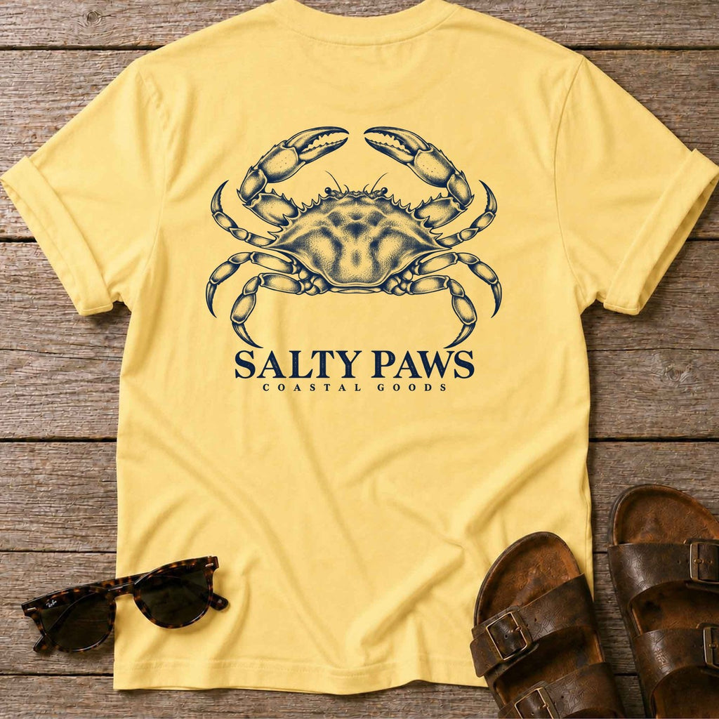 Blue Crab Coastal Goods Back Design T-Shirt in Daisy, Salty Paws T-Shirt, back design flat lay