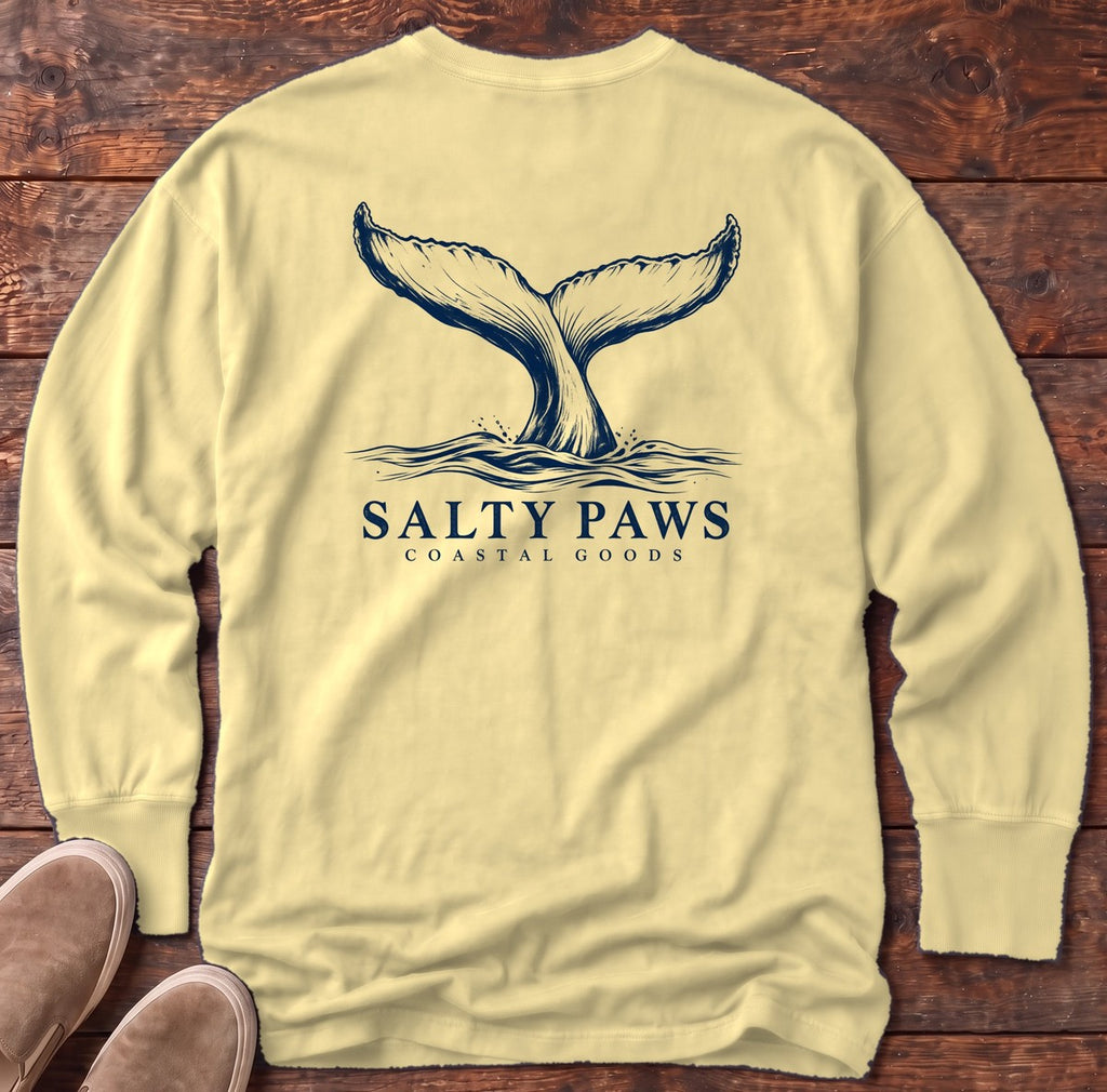 Humpback Tail Coastal Goods Back Design Long Sleeve Tee in Butter, Salty Paws Comfort Colors Long Sleeve Tee, back design flat lay