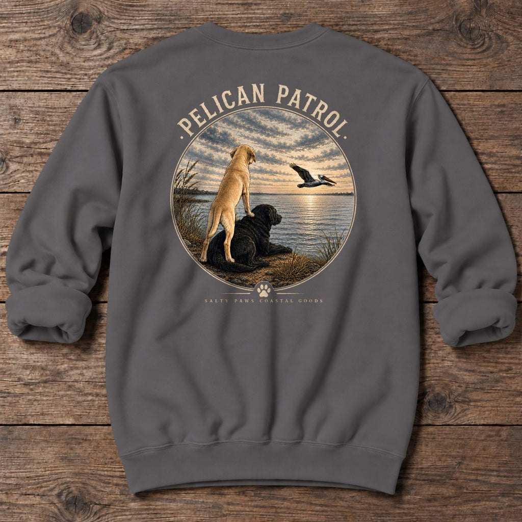 Pelican Labradors Back Design Midweight Sweatshirt in Charcoal, Salty Paws coastal sweatshirt