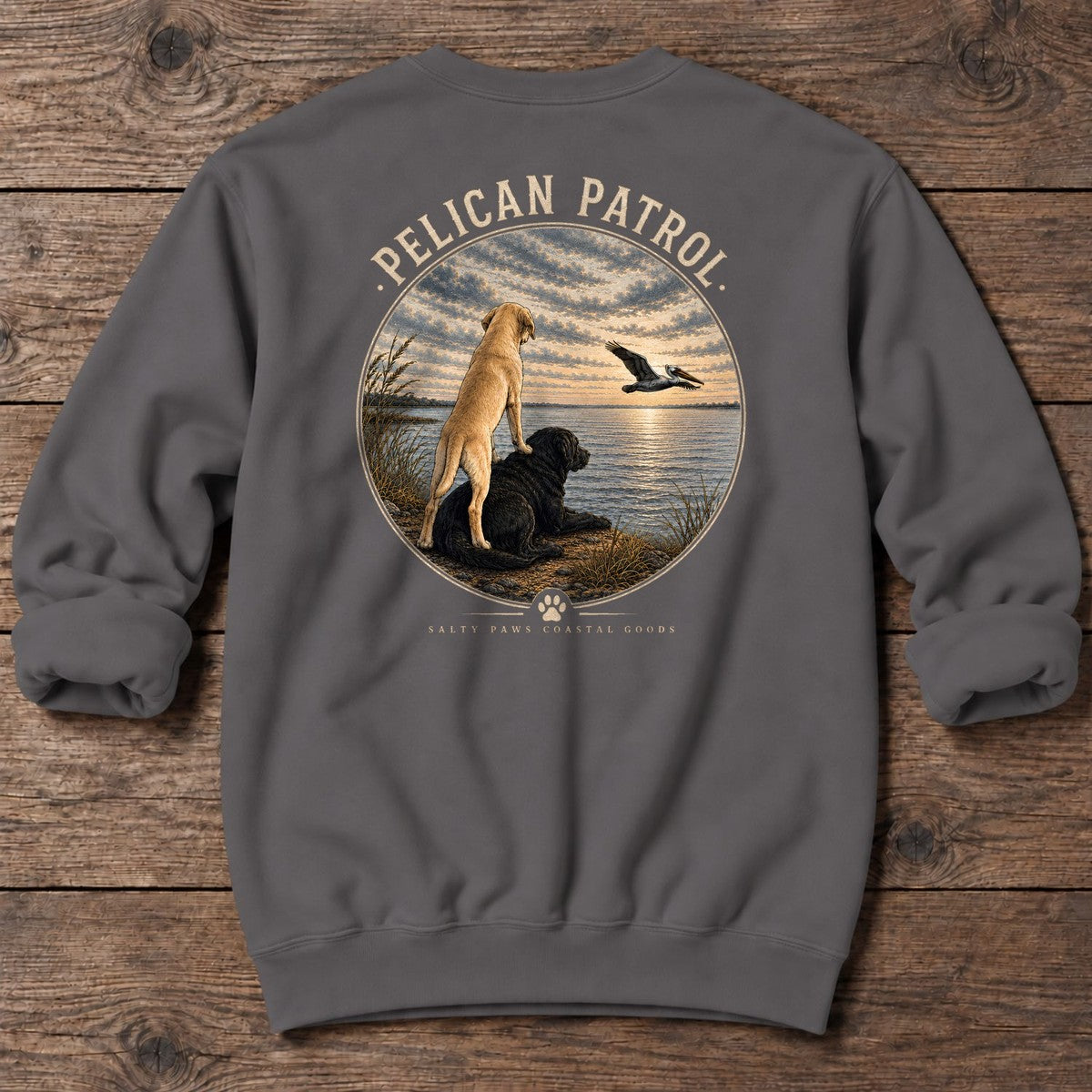 Pelican Labradors Back Design Midweight Sweatshirt in Charcoal, Salty Paws coastal sweatshirt