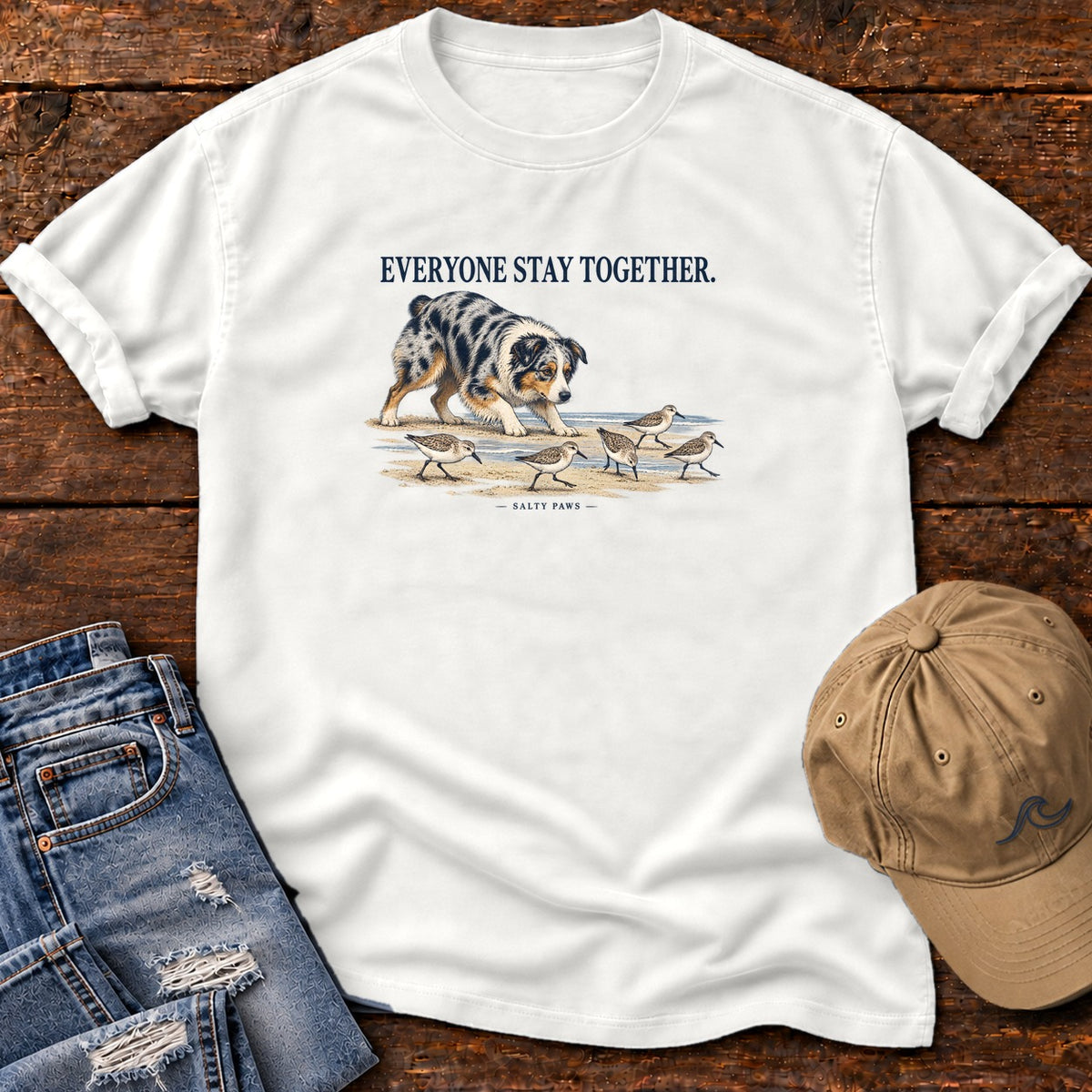 Everyone Stay Together Australian Shepherd T-Shirt in White, Salty Paws Comfort Colors T-Shirt, front design flat lay