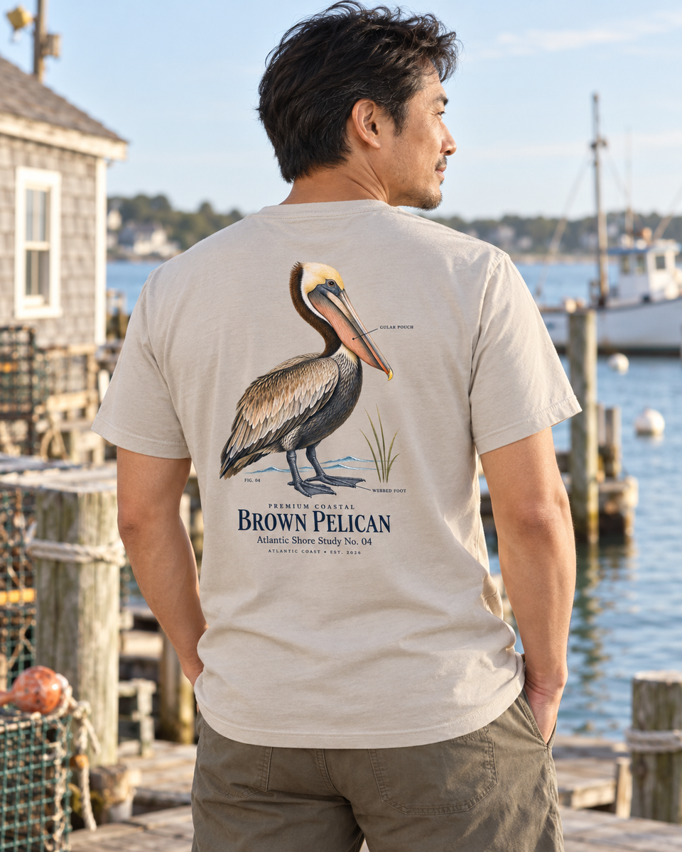 Brown Pelican back design tee in Sand, worn