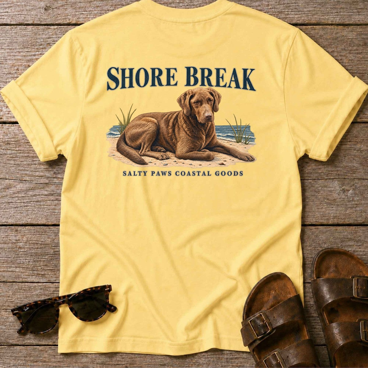 Shore Break Chesapeake Bay Retriever Back Design T-Shirt in Daisy, Salty Paws coastal t-shirt
