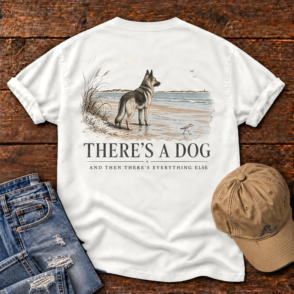 There's a Dog Shepherd Comfort Colors T-Shirt in White, back design flat lay