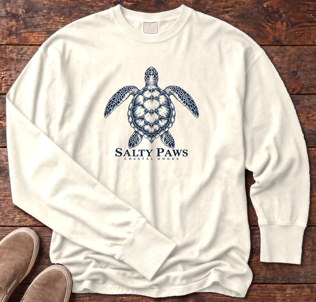 Sea Turtle Coastal Goods Long Sleeve Tee in Ivory, Salty Paws Comfort Colors Long Sleeve Tee, front design flat lay