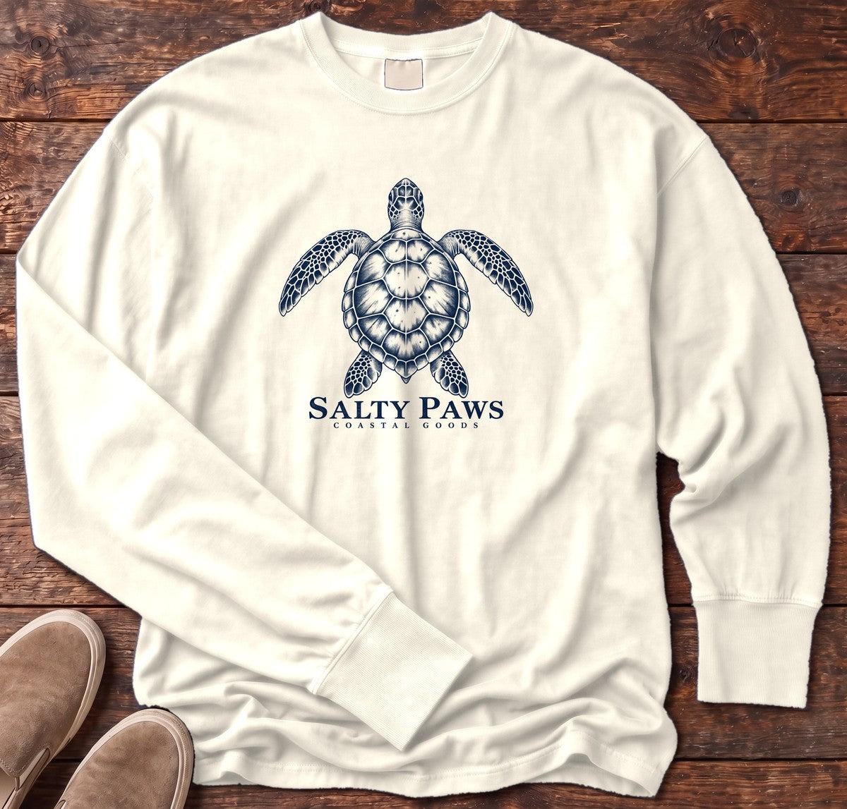 Sea Turtle Coastal Goods Long Sleeve Tee in Ivory, Salty Paws Comfort Colors Long Sleeve Tee, front design flat lay