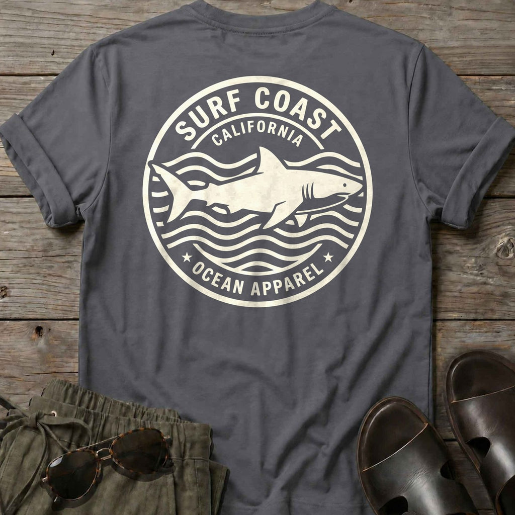 Surf Coast Shark Back Design T-Shirt in Charcoal, Salty Paws coastal t-shirt