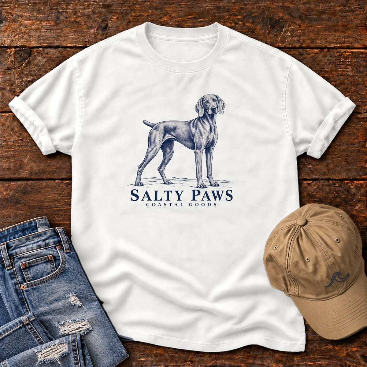 Weimaraner Coastal Goods T-Shirt in White, Salty Paws Comfort Colors T-Shirt, front design flat lay