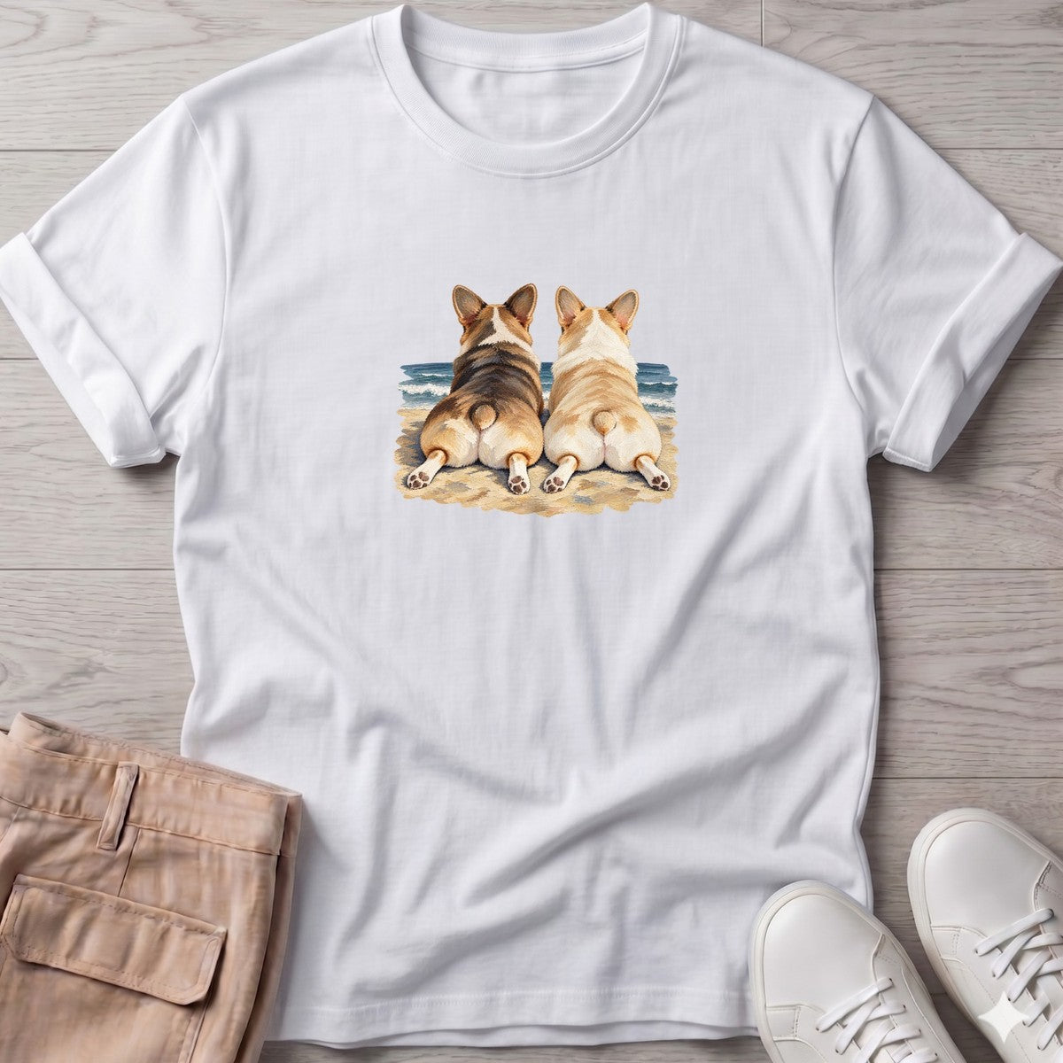 Two Corgis at the Ocean T-Shirt in White, Salty Paws T-Shirt, front design flat lay