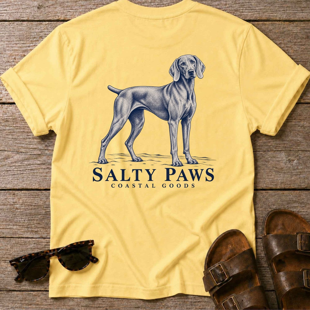 Weimaraner Coastal Goods Back Design T-Shirt in Daisy, Salty Paws T-Shirt, back design flat lay