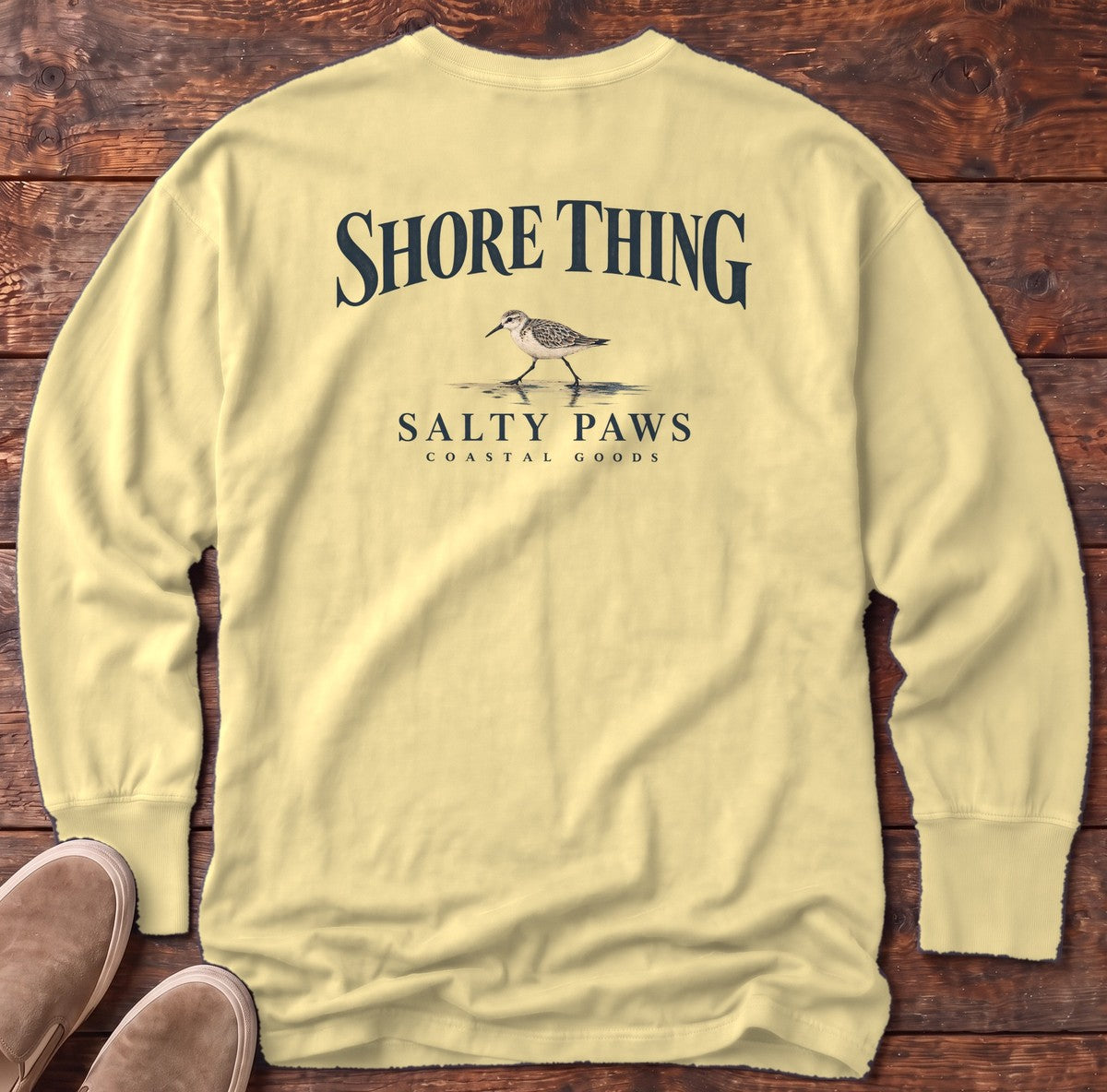 Shore Thing Sandpiper Salty Paws Coastal Goods Back Design Long Sleeve Tee in Butter, Salty Paws Comfort Colors Long Sleeve Tee, back design flat lay