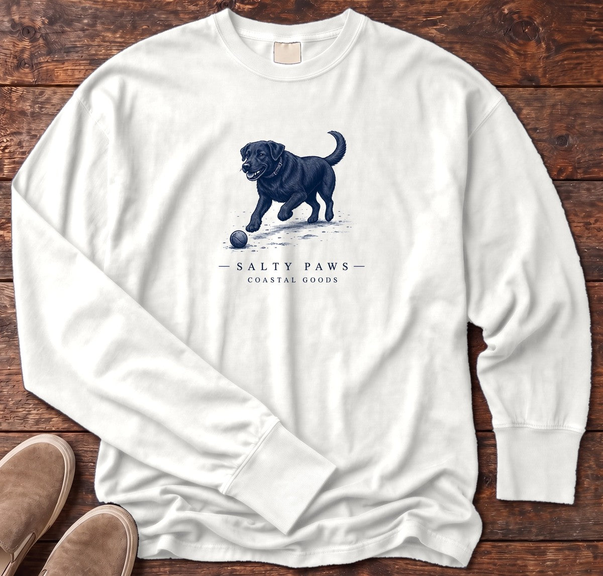 Black Labrador Ball Long Sleeve Tee in White, Salty Paws Comfort Colors long sleeve tee