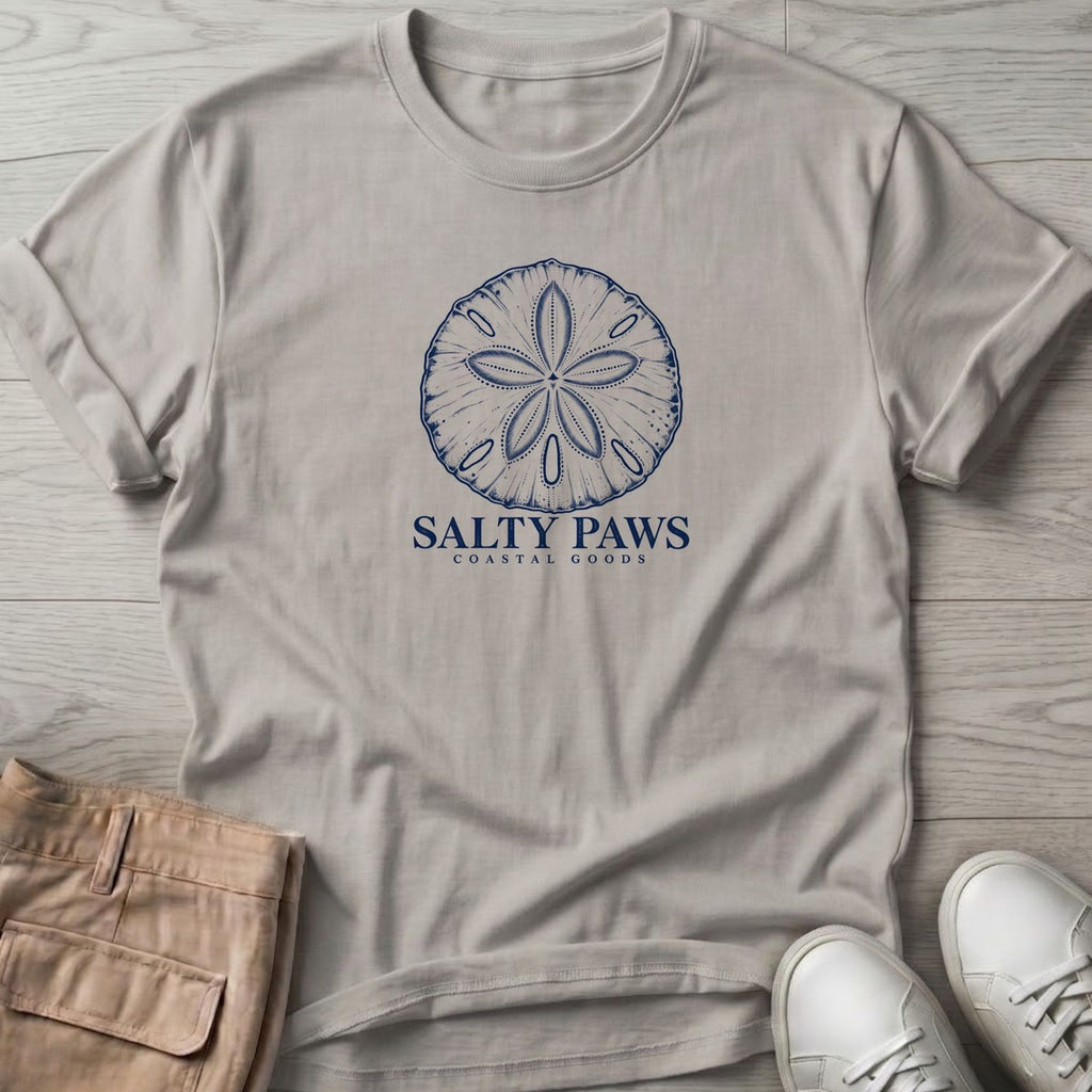 Sand Dollar T-Shirt in Ice Grey, Salty Paws T-Shirt, front design flat lay