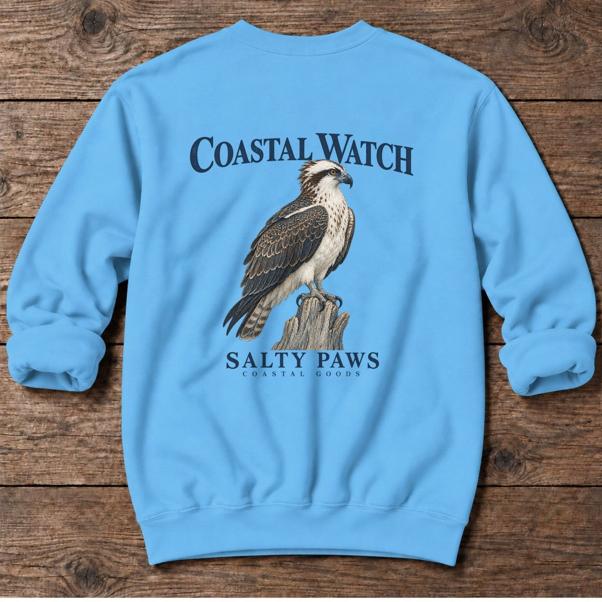 Coastal Watch Osprey Salty Paws Coastal Goods Back Design Midweight Sweatshirt in Sky, Salty Paws Midweight Sweatshirt, back design flat lay