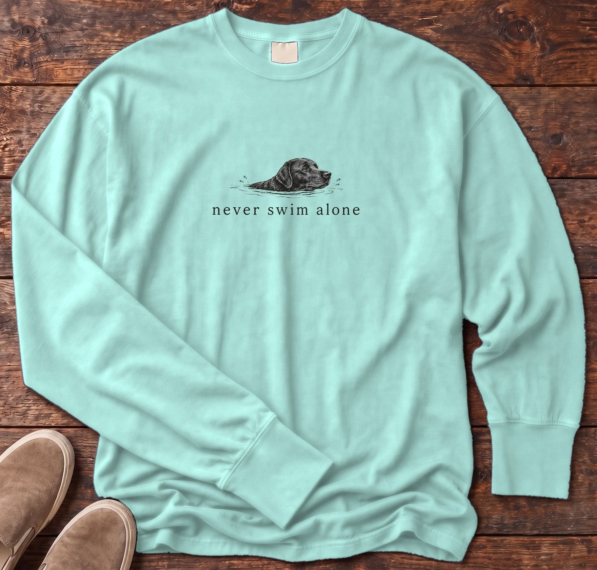 Never Swim Alone Lab Dog Long Sleeve Tee in Chalky Mint, Salty Paws Comfort Colors long sleeve tee