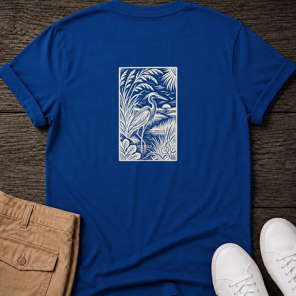 Heron Woodcut Back Design T-Shirt in Royal