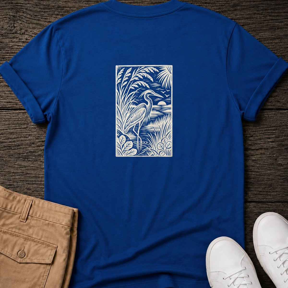 Heron Woodcut Back Design T-Shirt in Royal