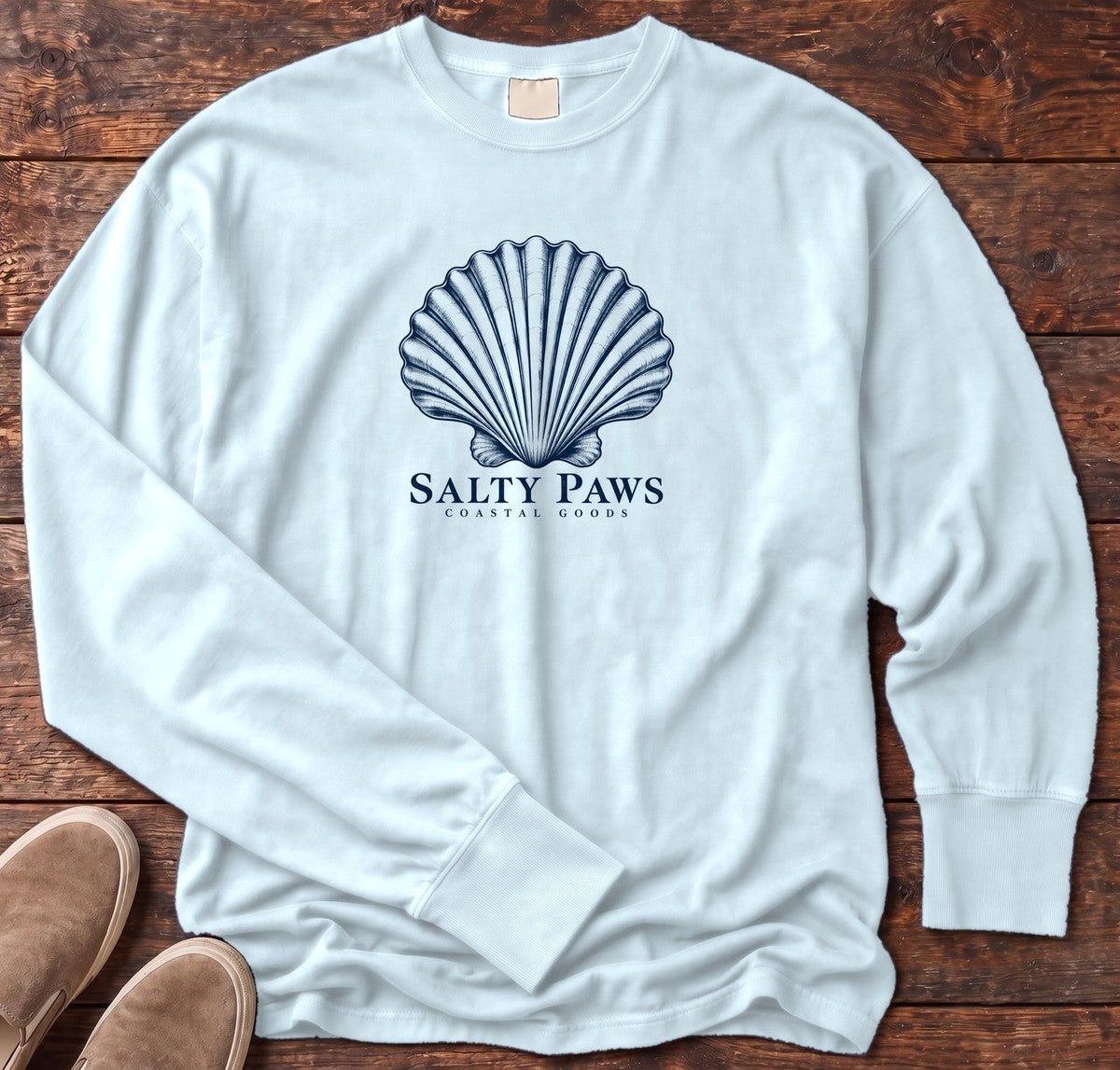Scallop Shell Coastal Goods Long Sleeve Tee in Chambray, Salty Paws Comfort Colors Long Sleeve Tee, front design flat lay