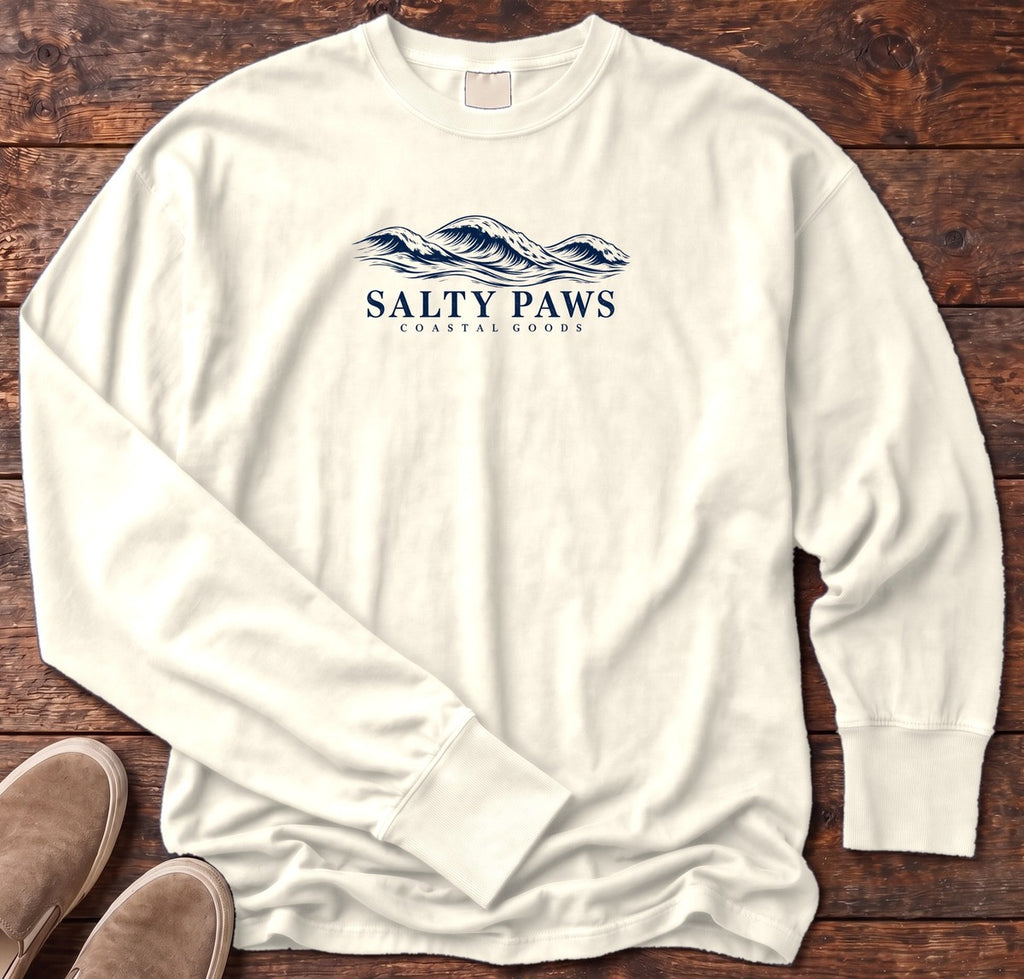 Salty Paws Coastal Swell Long Sleeve Tee in Ivory, Salty Paws Comfort Colors Long Sleeve Tee, front design flat lay