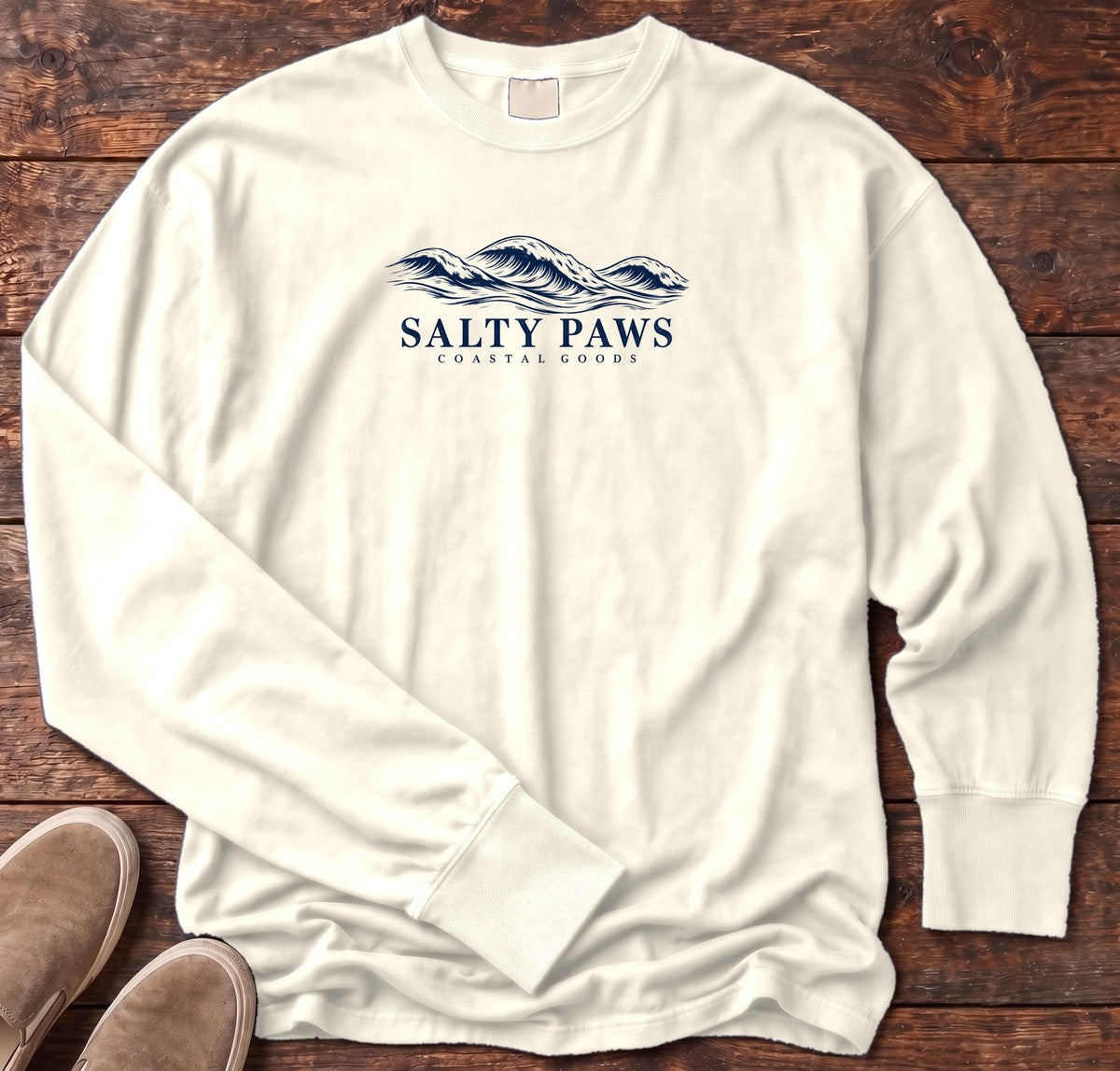 Salty Paws Coastal Swell Long Sleeve Tee in Ivory, Salty Paws Comfort Colors Long Sleeve Tee, front design flat lay