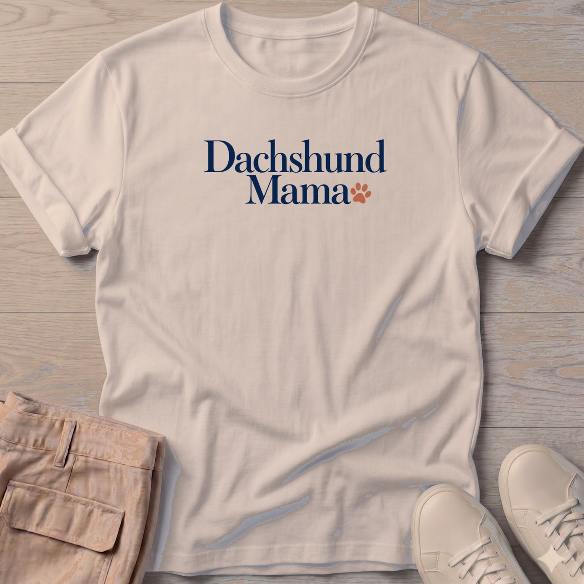Dachshund Mama T-Shirt in Sand, Salty Paws coastal t-shirt