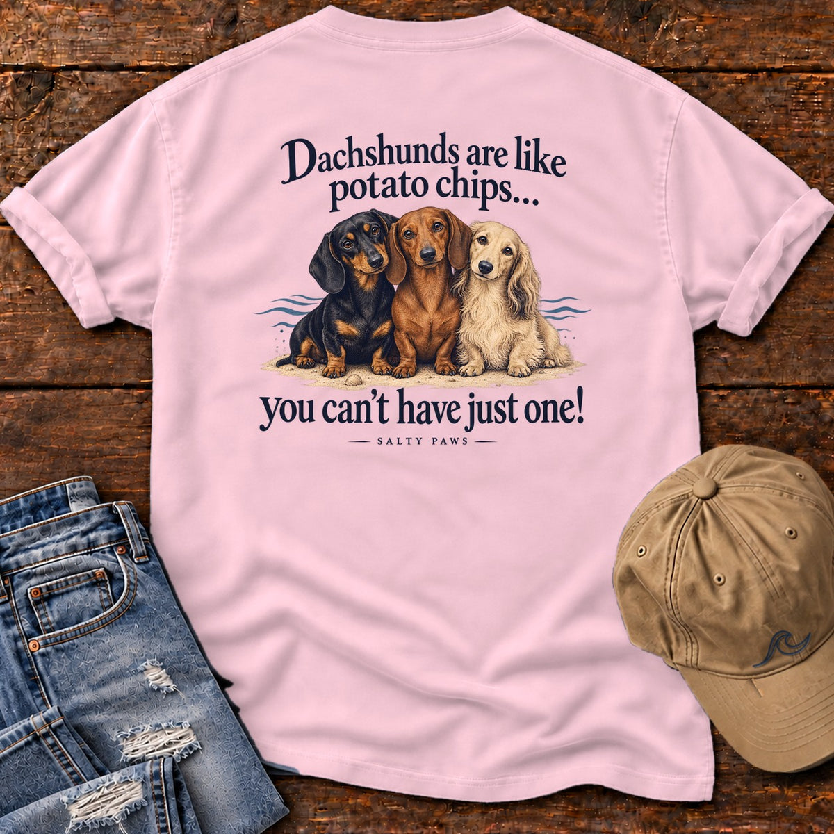 Dachshunds Are Like Potato Chips Back Design T-Shirt in Blossom, Salty Paws Comfort Colors T-Shirt, back design flat lay