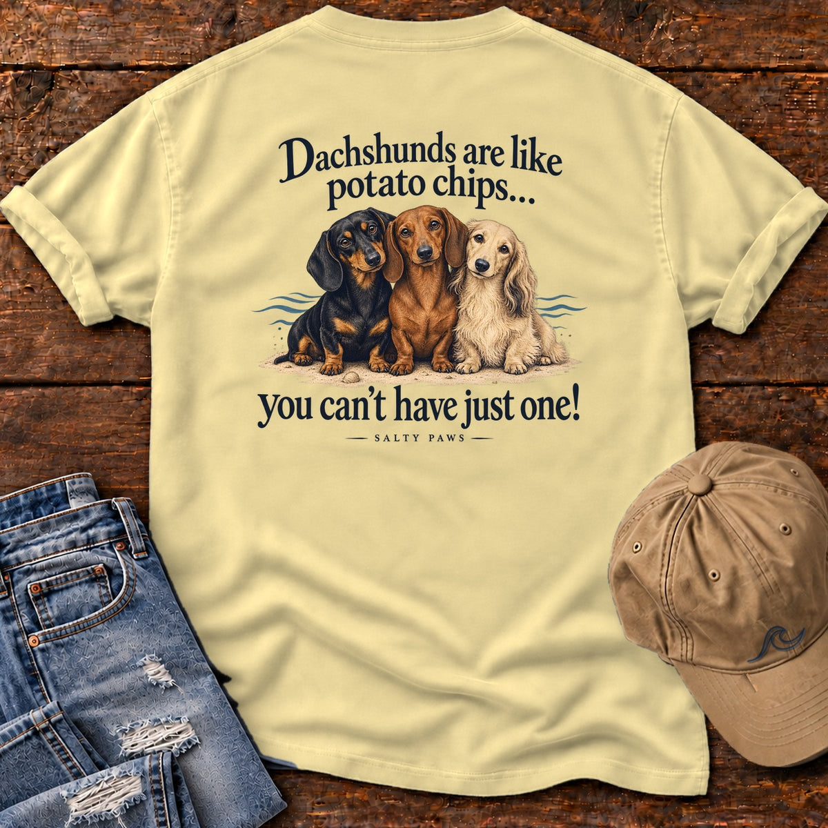 Dachshunds Are Like Potato Chips Back Design T-Shirt in Butter, Salty Paws Comfort Colors T-Shirt, back design flat lay