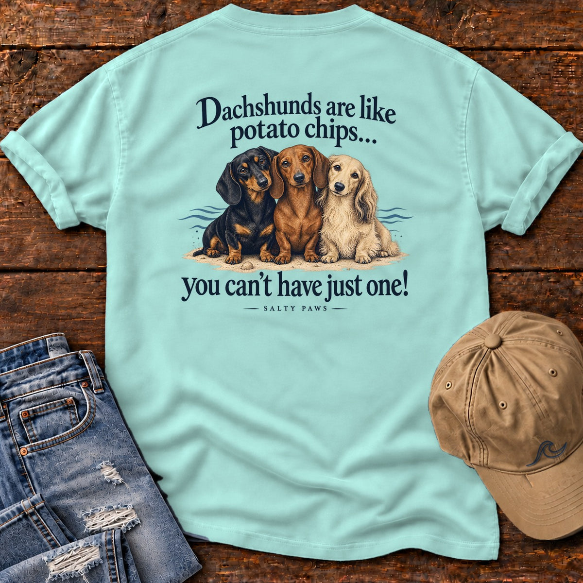 Dachshunds Are Like Potato Chips Back Design T-Shirt in Chalky Mint, Salty Paws Comfort Colors T-Shirt, back design flat lay