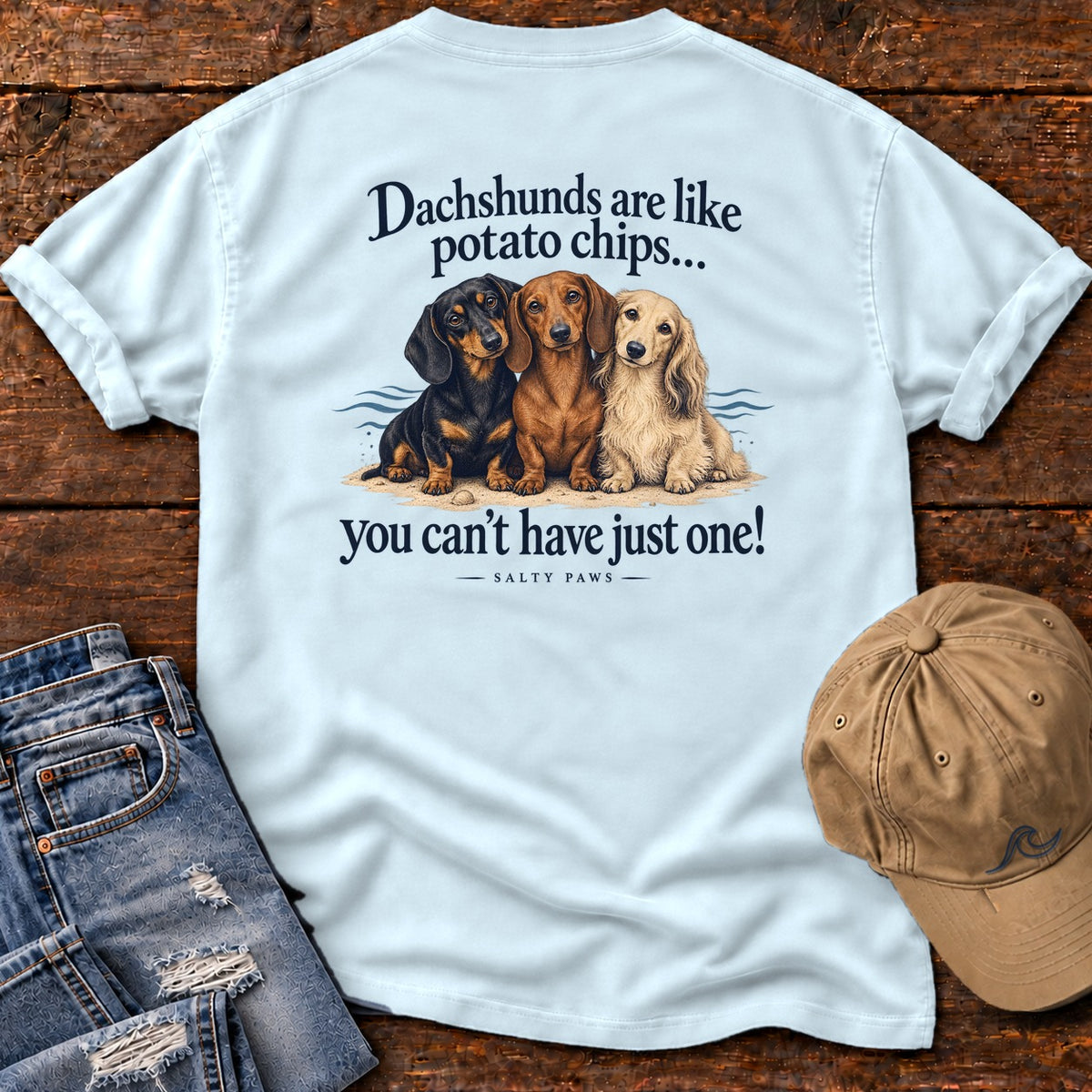 Dachshunds Are Like Potato Chips Back Design T-Shirt in Chambray, Salty Paws Comfort Colors T-Shirt, back design flat lay