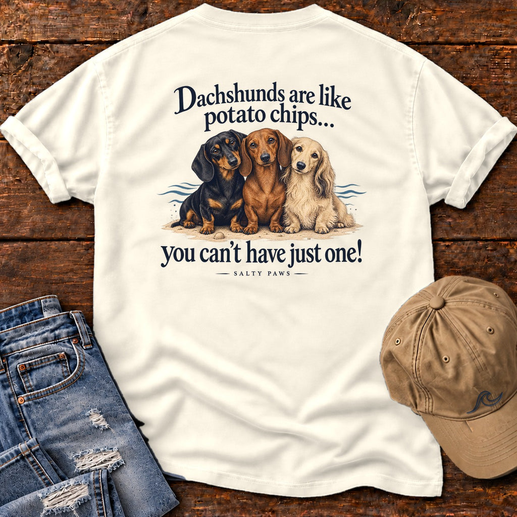 Dachshunds Are Like Potato Chips Back Design T-Shirt in Ivory, Salty Paws Comfort Colors T-Shirt, back design flat lay