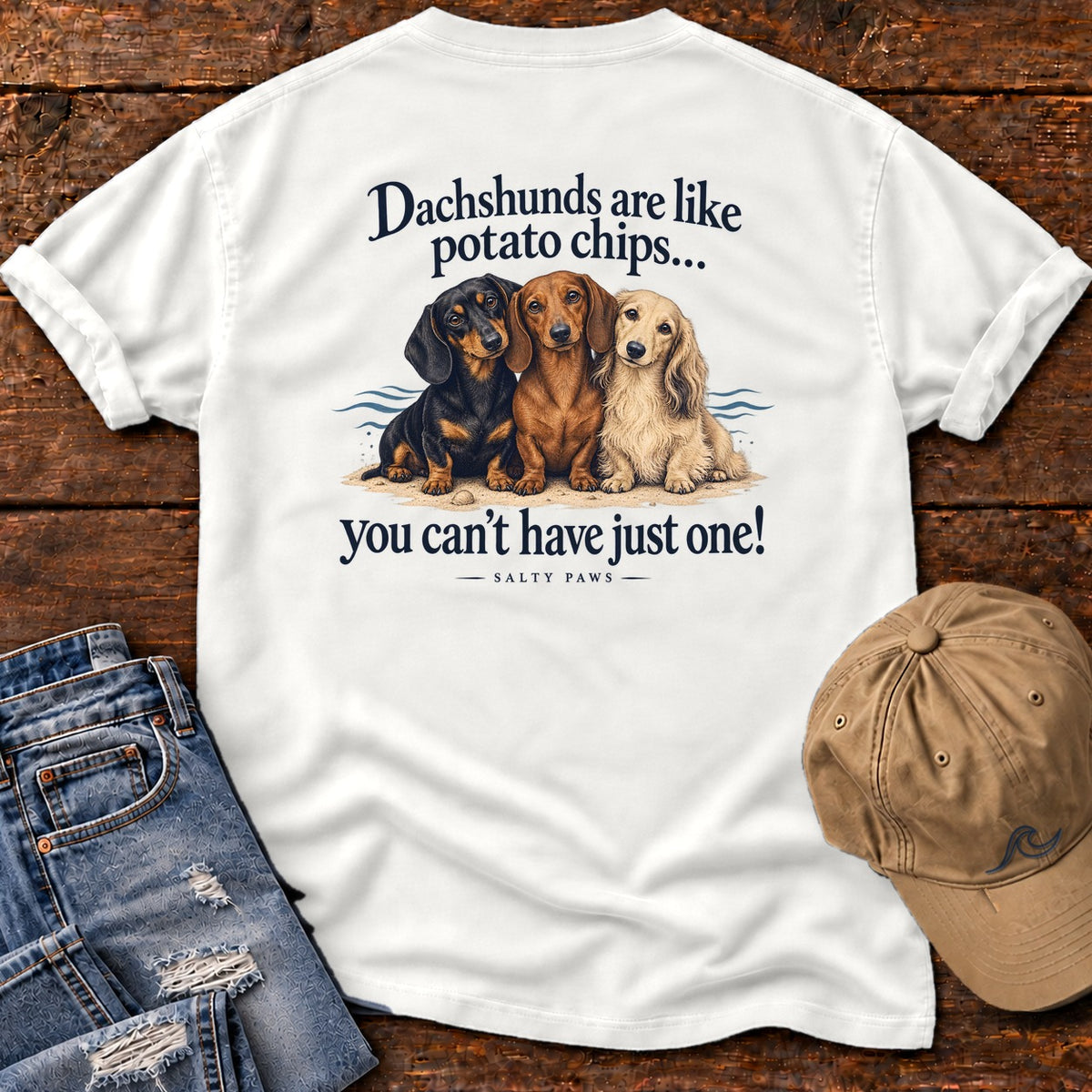 Dachshunds Are Like Potato Chips Back Design T-Shirt in White, Salty Paws Comfort Colors T-Shirt, back design flat lay