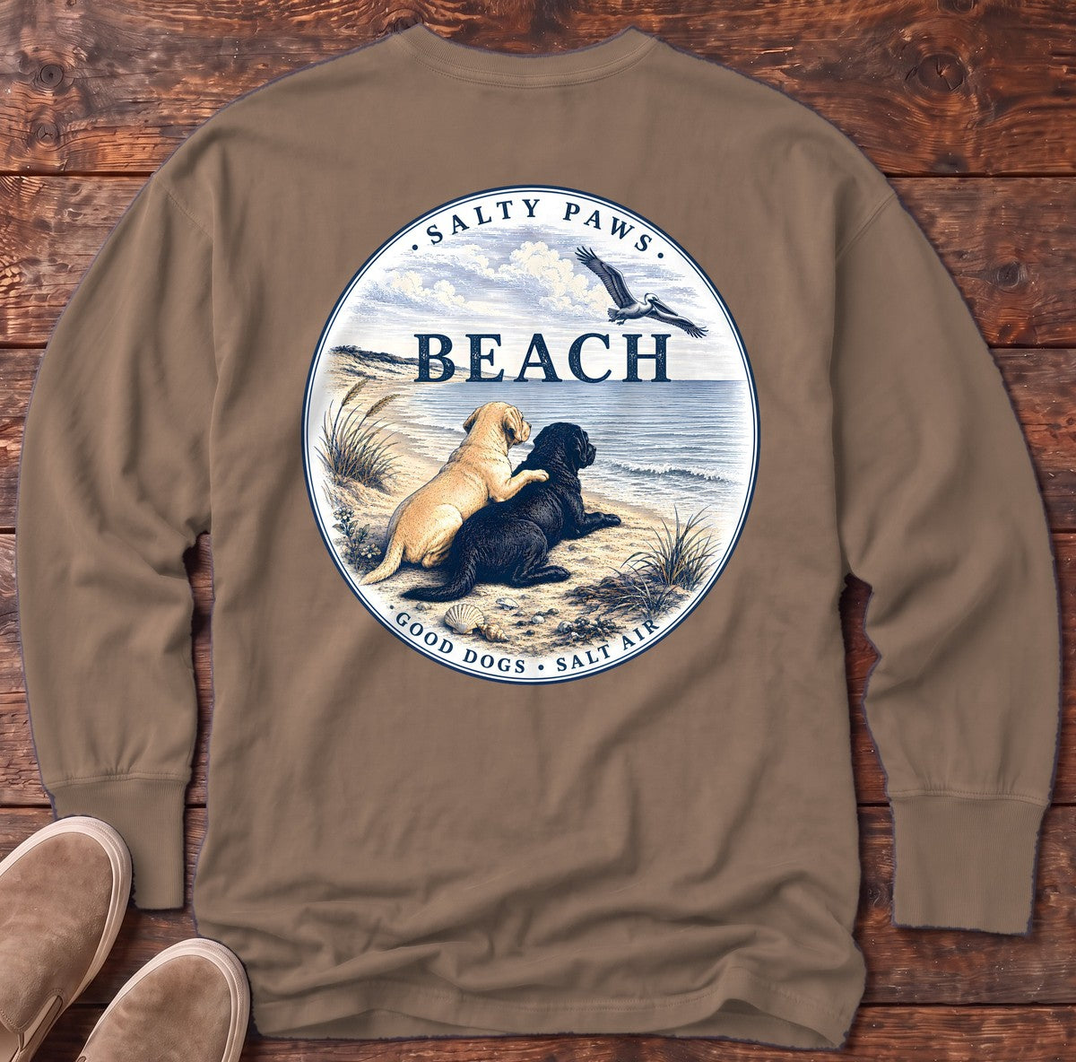 BEACH Pelican Labradors Back Design Long Sleeve Tee in Espresso, Salty Paws Comfort Colors long sleeve tee