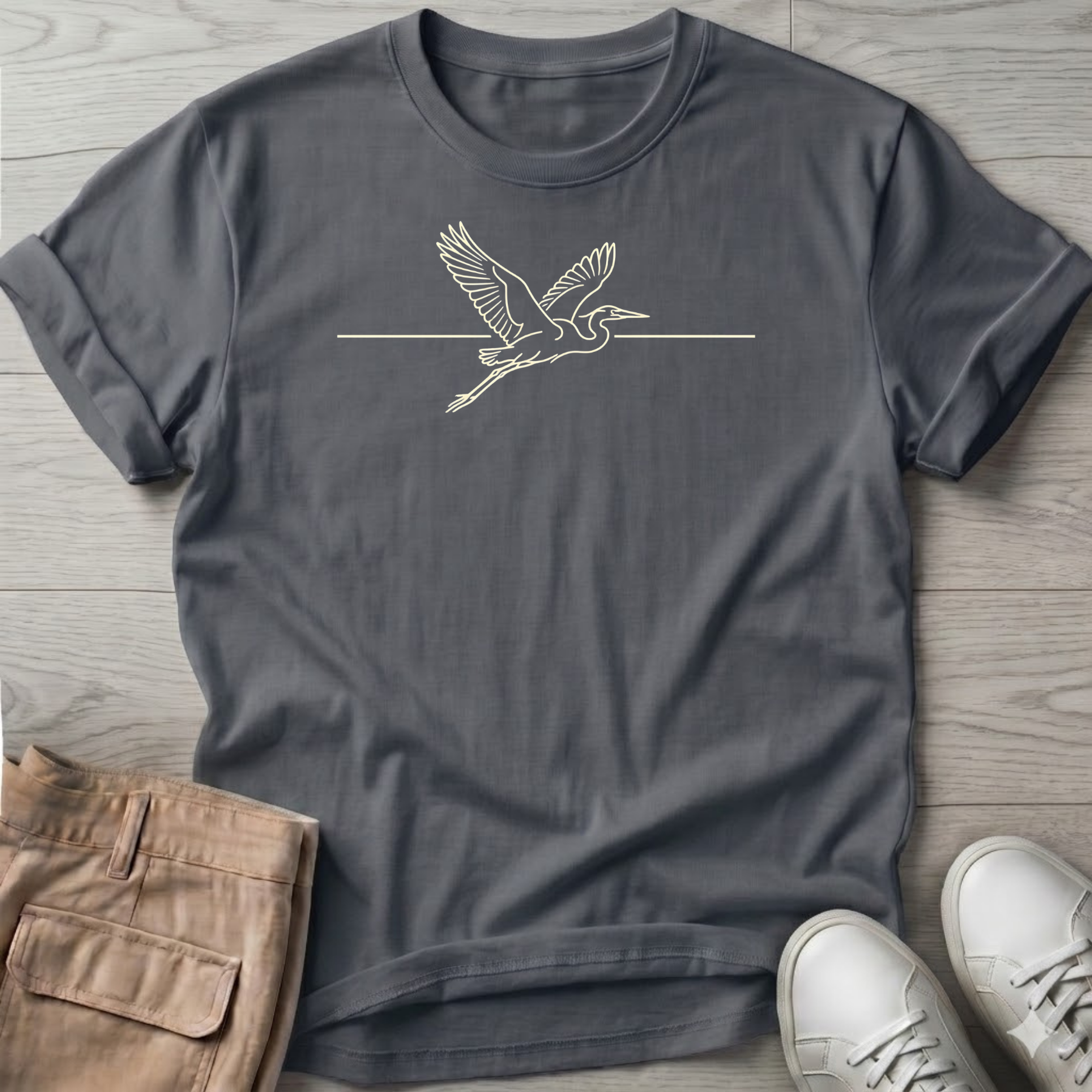 Great Heron Flight Beach Ocean Line Art Tee
