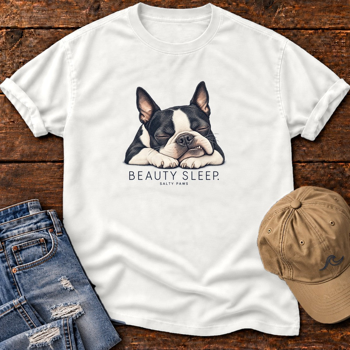Beauty Sleep Boston Terrier T-Shirt in White, Salty Paws Comfort Colors T-Shirt, front design flat lay