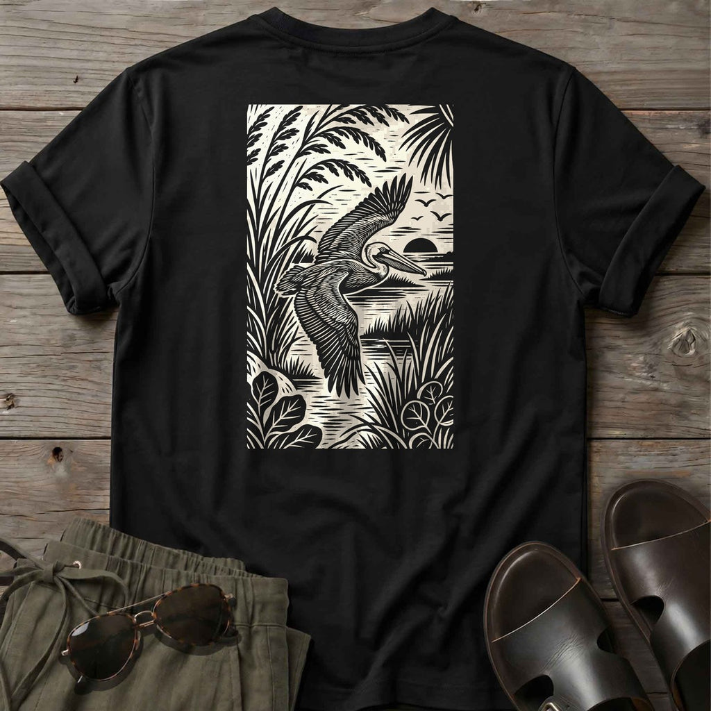 Pelican Woodcut Back Design T-Shirt in Black, Salty Paws coastal t-shirt