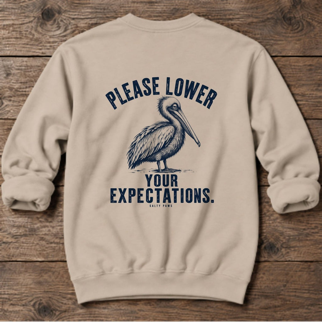 Please Lower Your Expectations Pelican Back Design Midweight Sweatshirt in Sand, Salty Paws Midweight Sweatshirt, back design flat lay