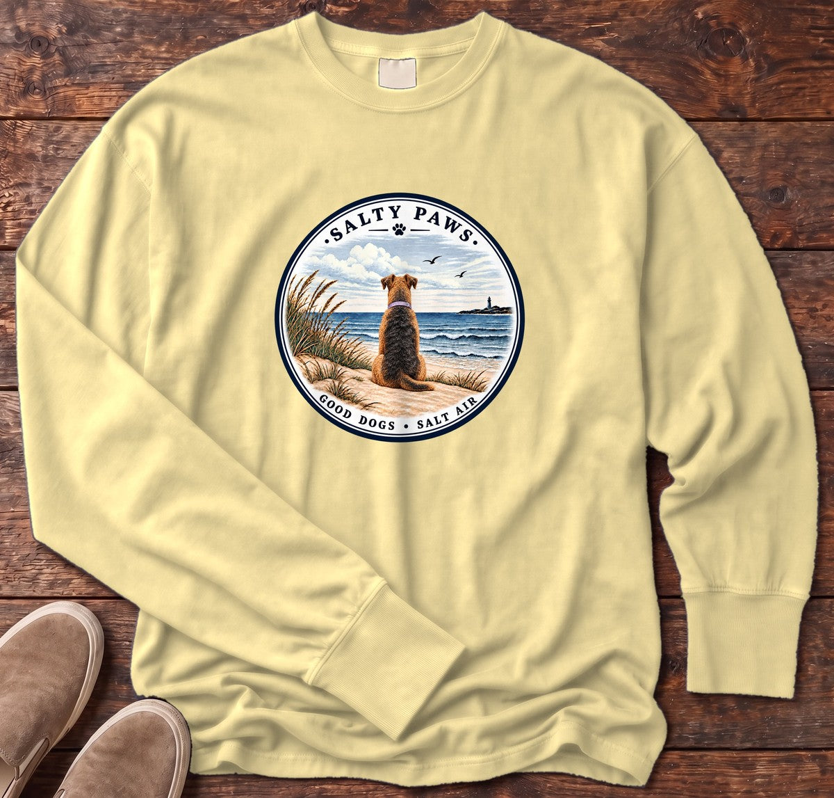 Good Dogs Salt Air Airedale Long Sleeve Tee in Butter, Salty Paws Comfort Colors Long Sleeve Tee, front design flat lay