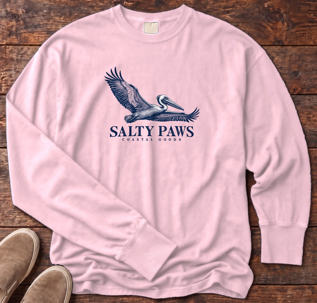 Gliding Pelican Coastal Goods Long Sleeve Tee in Blossom, Salty Paws Comfort Colors Long Sleeve Tee, front design flat lay