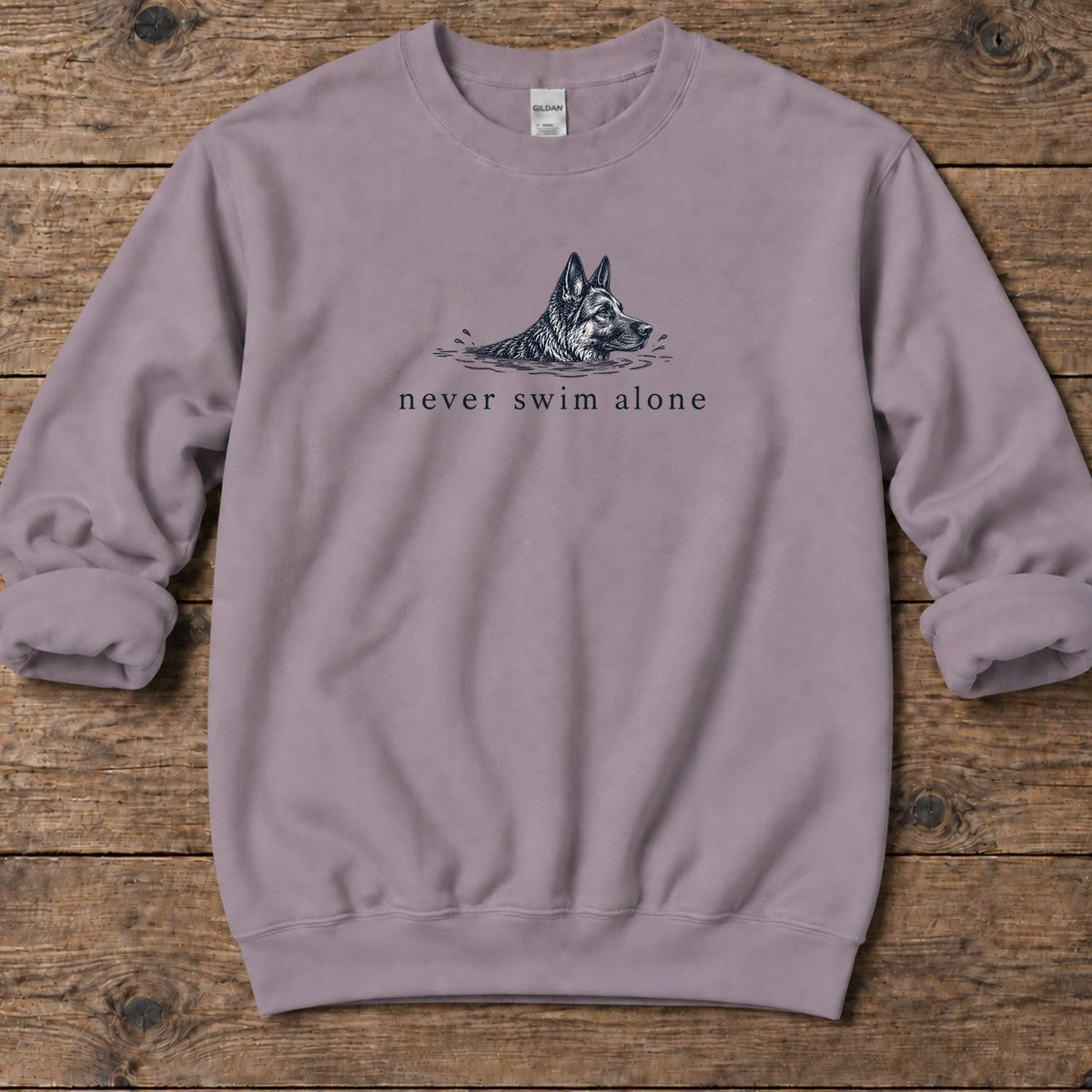 Never Swim Alone German Shepherd Midweight Sweatshirt in Paragon, Salty Paws coastal sweatshirt