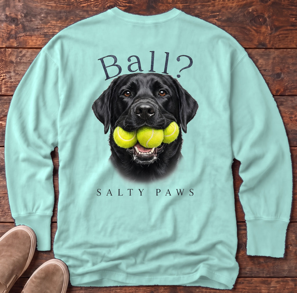Ball? Black Lab Back Design Long Sleeve Tee in Chalky Mint, Salty Paws Comfort Colors long sleeve tee