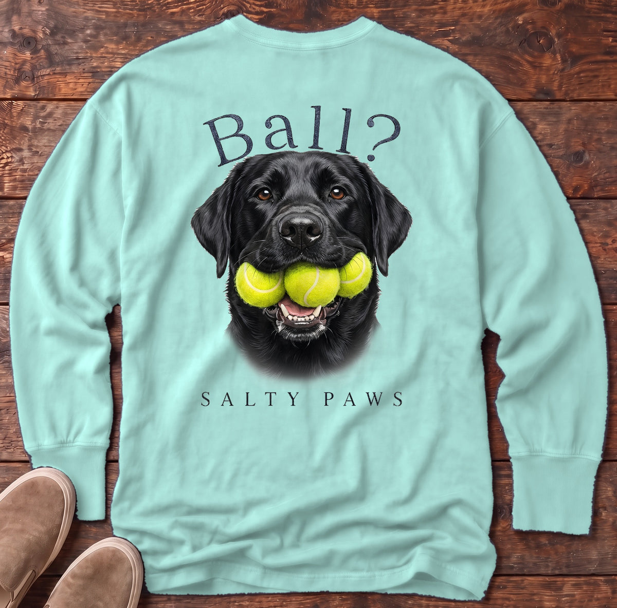 Ball? Black Lab Back Design Long Sleeve Tee in Chalky Mint, Salty Paws Comfort Colors long sleeve tee