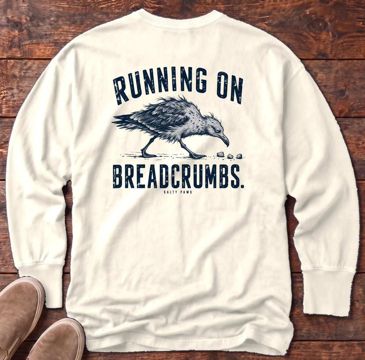 Running on Breadcrumbs Seagull Back Design Long Sleeve Tee in Ivory, Salty Paws Comfort Colors Long Sleeve Tee, back design flat lay