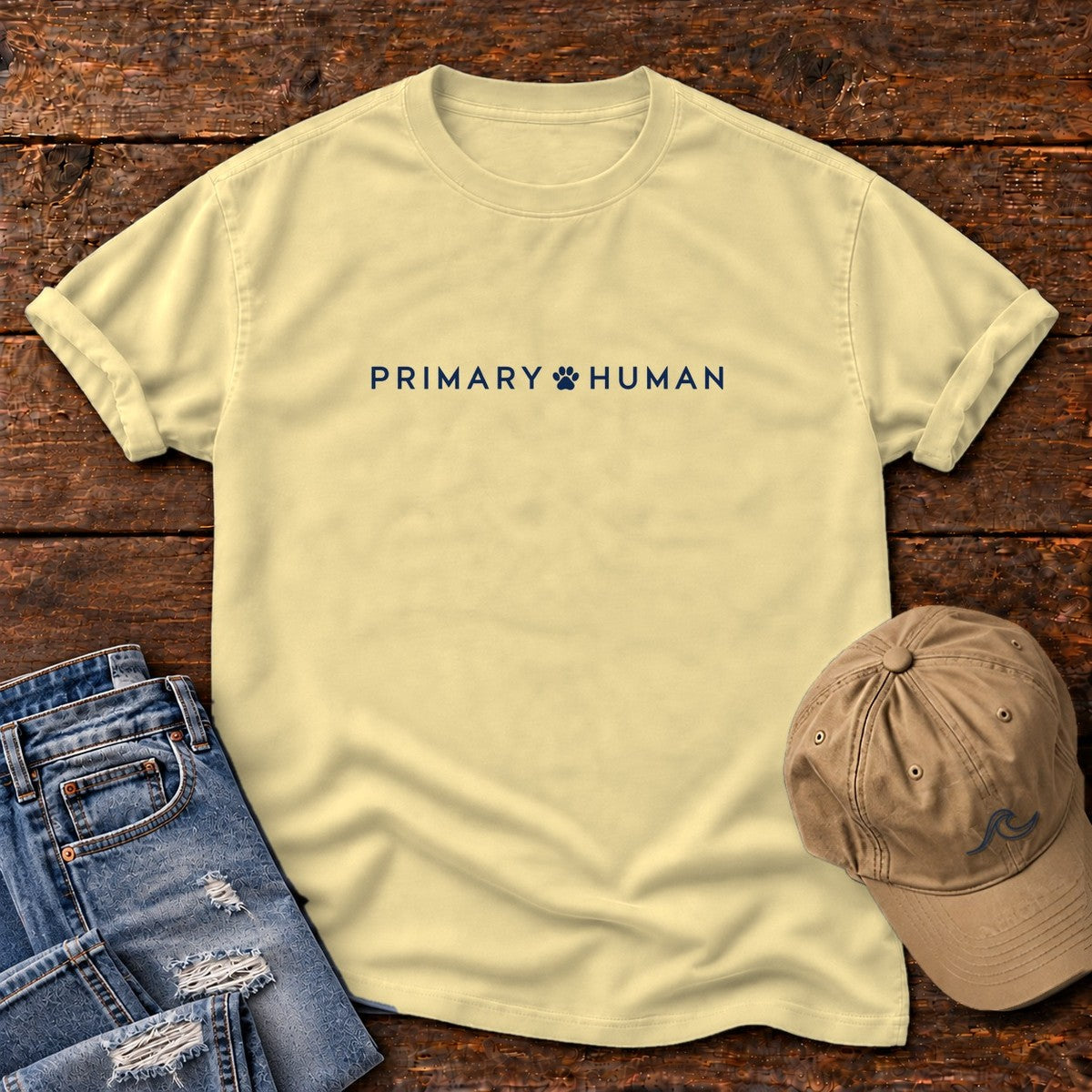 Primary Human T-Shirt in Butter, Salty Paws Comfort Colors T-Shirt, front design flat lay