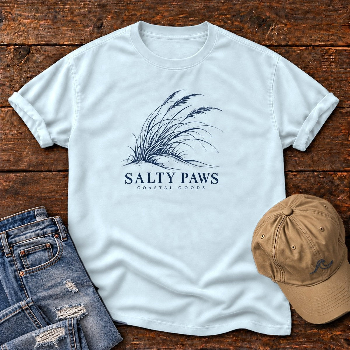 Salty Paws Dune Grass T-Shirt in Chambray, Salty Paws Comfort Colors T-Shirt, front design flat lay