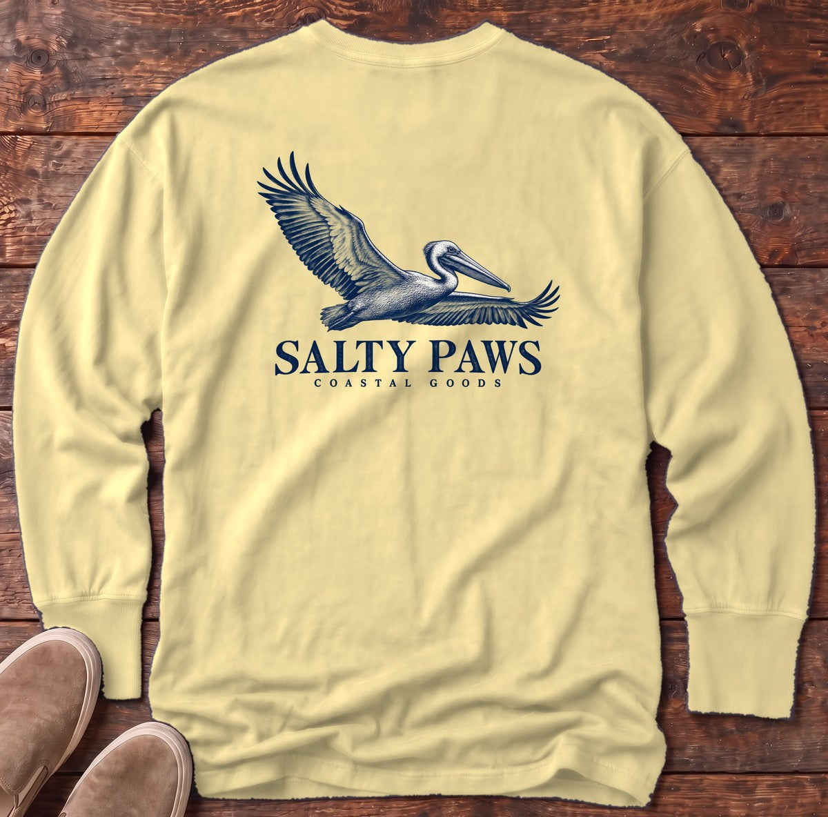 Gliding Pelican Coastal Goods Back Design Long Sleeve Tee in Butter, Salty Paws Comfort Colors Long Sleeve Tee, back design flat lay